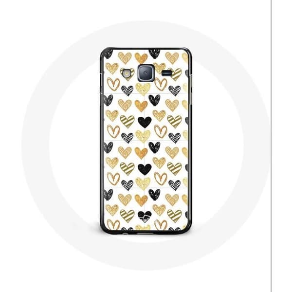 Cover til Samsung Galaxy J3 med abstrakt tekstur i sorte, gule og grå hjerter