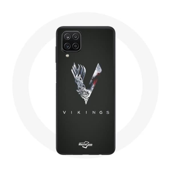 Cover til Samsung Galaxy A12 Vikings Serie Sæson 6 logo V Sværd Grå Sort Baggrund