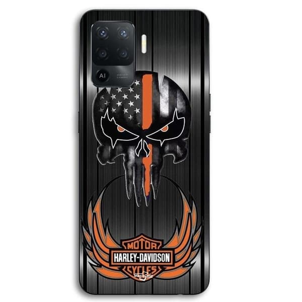 Coque Oppo A94 Harley Davidson pääkallo harmaa tausta Maniacase Svart