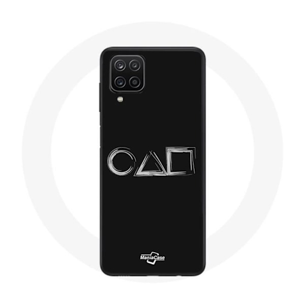 Coque Samsung Galaxy A12 Squid Game logotyp symboler fyrkant cirkel triangel svart bakgrund