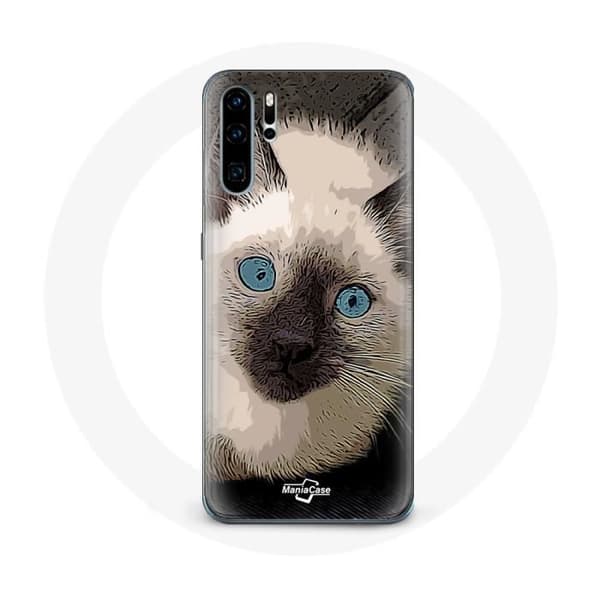 Cover til Huawei P30 Siamesisk Kat Sort og Hvid med Blå Øjne
