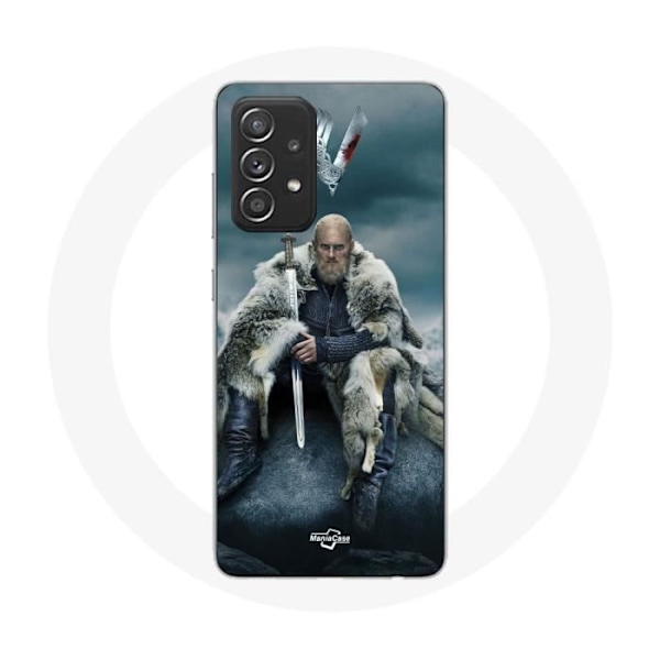 Coque för Samsung Galaxy A52 Vikings Serie Säsong 6 Ragnar Lothbrok logotyp V Svärd Grå Bakgrund Dimma