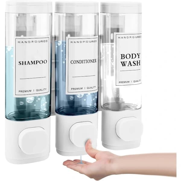 Vægmonteret sæbedispenser, tre-rums brusesæbedispenser, 300 ml x 3, helt hvid.