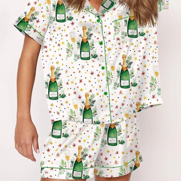 Champagneflaskor Pyjamasset Dam Tryckt Kortärmad 2 Delar Mjuk Lös Casual Sovkläder M