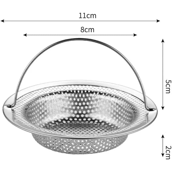 Vaskesi, vaskeafløbsrist med håndtag, vaskesi i rustfrit stål, udvendig diameter 11 cm, indvendig diameter 8 cm.