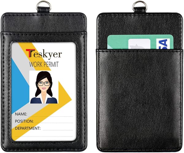 2-pack Slitstarka Utdragbara Märkeshållare med Karabinkrok, Vertikala Hållbara Läder ID-Korthållare