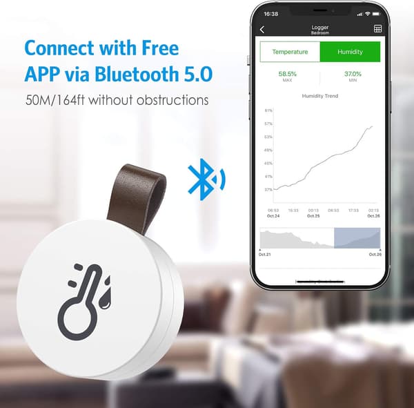 Bluetooth Rom Hygrometer Termometer, Mini Rom Termometer, Temperaturovervåkingssensor for iOS Android