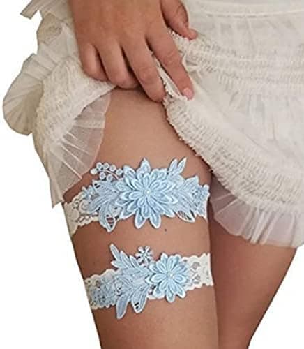 Bröllopsstrumpbandset, brudspetsstrumpband och strumpband, bröllopsunderkläderaccessoarer (Blå)