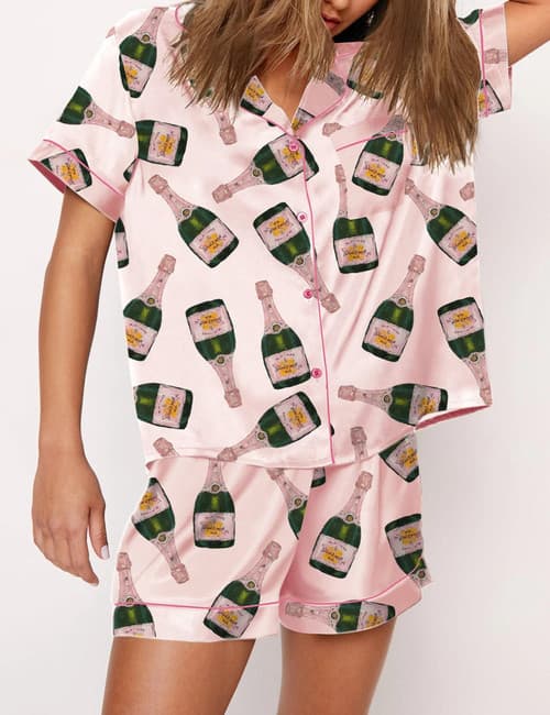 Champagneflaskor Pyjamasset Dam Tryckt Kortärmad 2 Delar Mjuk Lös Casual Sovkläder L