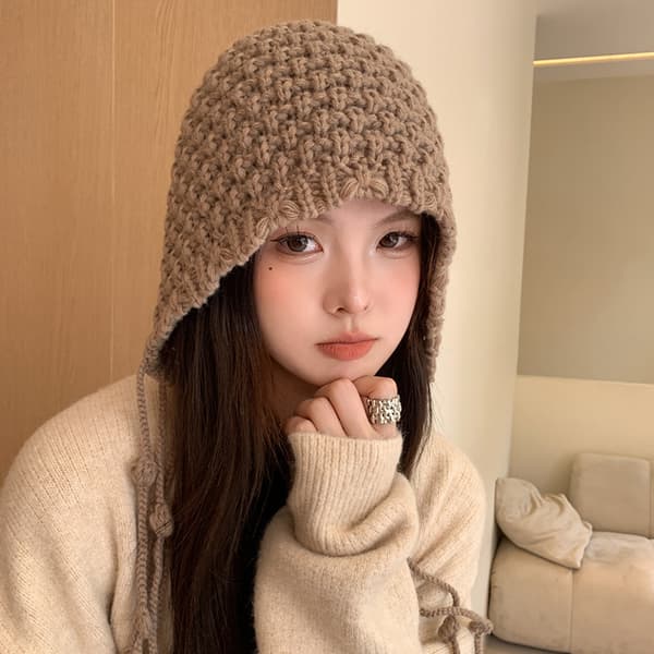 Åbenstrikket hue til kvinder, alsidig til udflugter, kvast og bindebånd, encore-stil, uldpullover-beanie Khaki