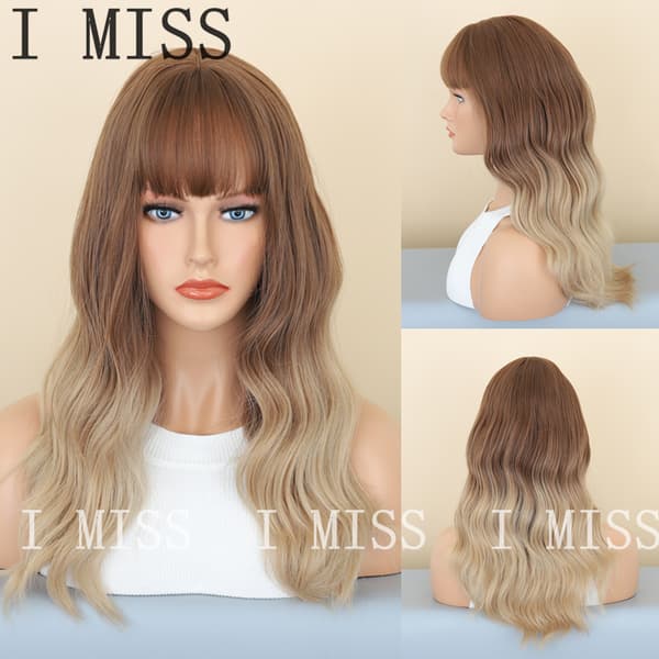 Dameparikk Blond Gradient Langt Hår Band Bangs Krøllete Parikk