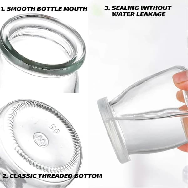 Seks 200 ml mini yoghurt budding glas krukker med plastik låg.