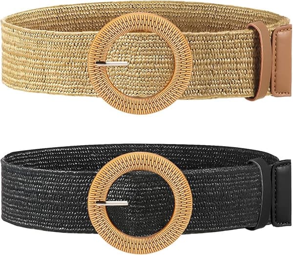 Damflätad halmrem med träliknande spänne Elastisk smal klänningsmidjerem 2-pack
