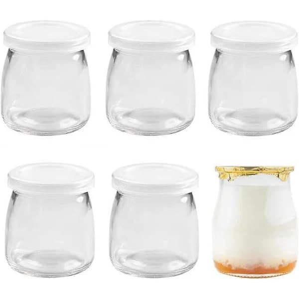 Seks 200 ml mini yoghurt budding glas krukker med plastik låg.