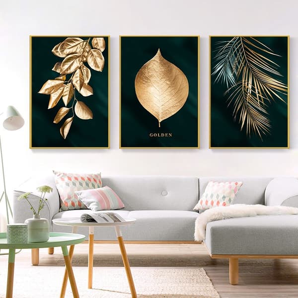 3 st Väggdekor Vardagsrum Sovrum Modern Väggkonst Present Bild Guld Blad Ramlös 40*60cm