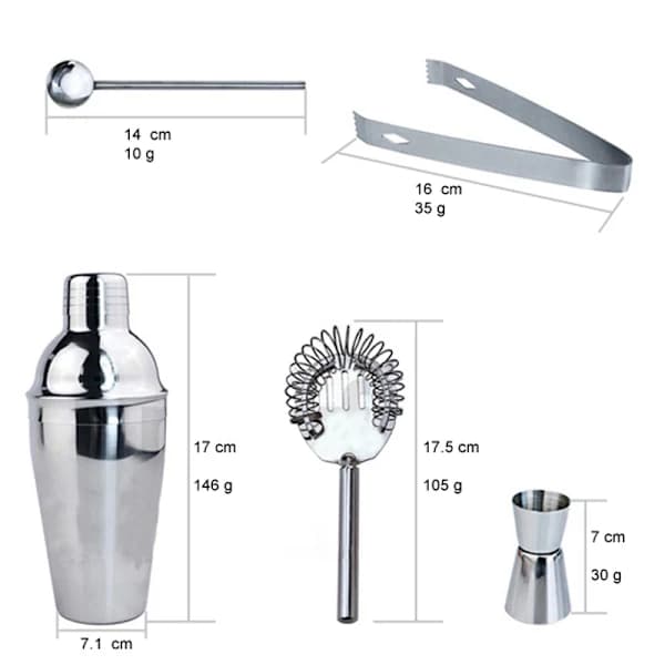 5-delt cocktailshakersæt, inklusive en 350 ml shaker, rustfrit stål, sølv.