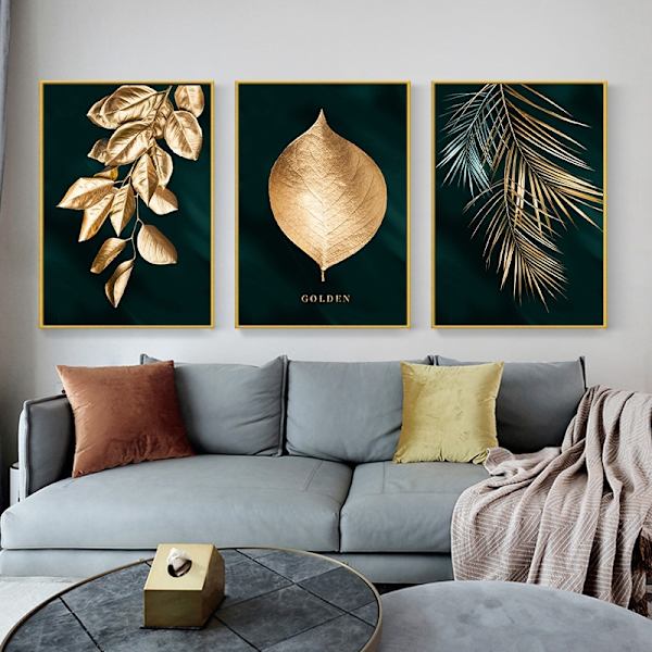 3 st Väggdekor Vardagsrum Sovrum Modern Väggkonst Present Bild Guld Blad Ramlös 40*60cm
