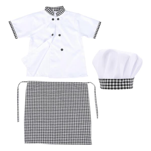 1 sett unisex kokkeuniform for barn, kortermet bluse med forkle og hatt