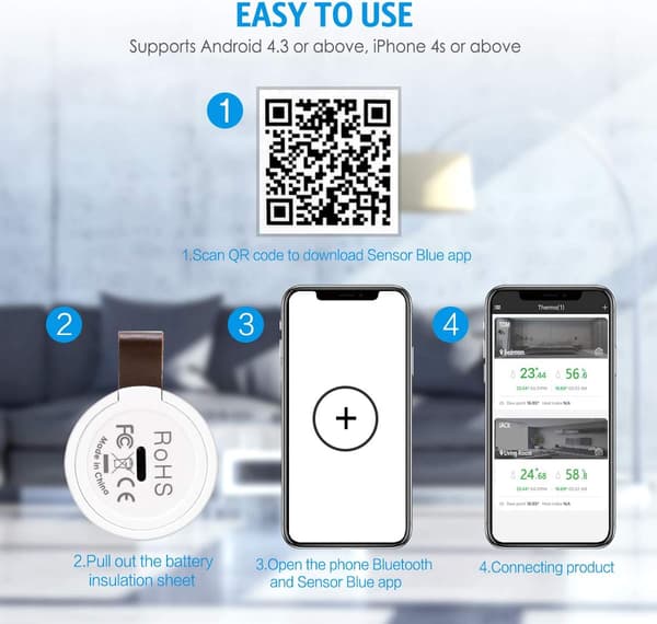 Bluetooth Rom Hygrometer Termometer, Mini Rom Termometer, Temperaturovervåkingssensor for iOS Android