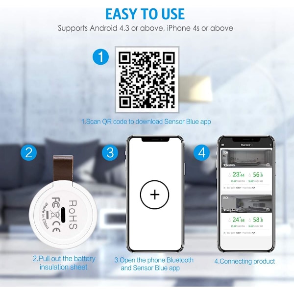 Bluetooth Rum Hygrometer Termometer, Mini Rum Termometer, Temperaturövervakningssensor för iOS Android