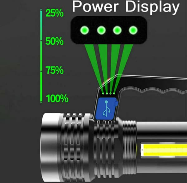 Oppladbar LED-lommelykt med sidelys, 4 moduser, søkelys