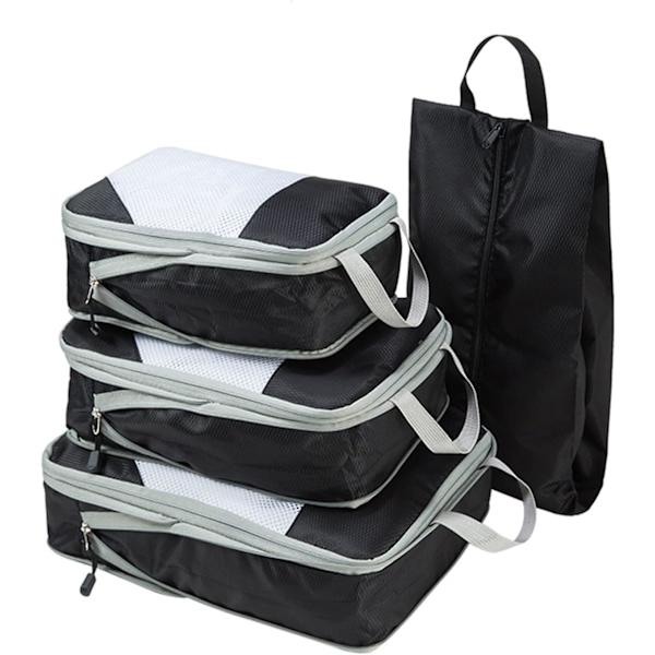 Set med packningskuber, kompressionsförpackning och skobag för resor