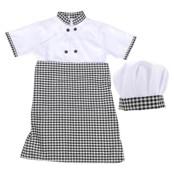 1 sett unisex kokkeuniform for barn, kortermet bluse med forkle og hatt