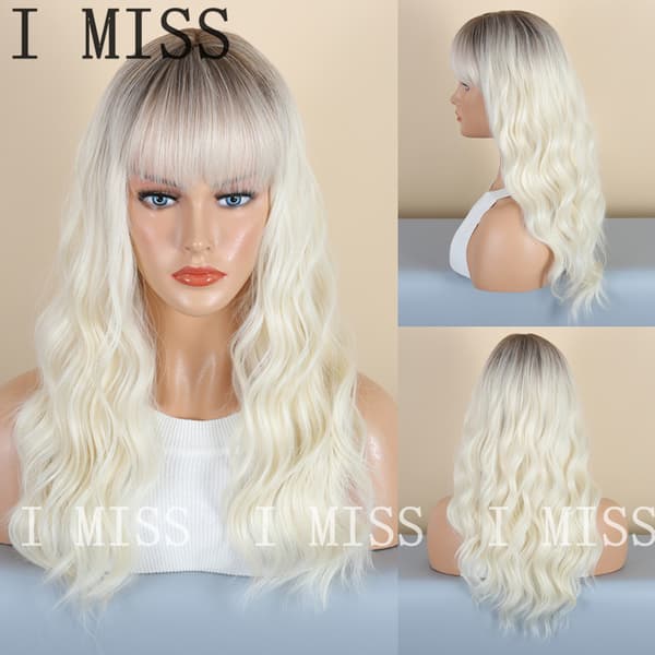Dame Bangs Kremet Hvit Gradient Bølget Parykk