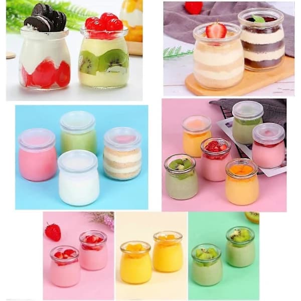 Sex 200 ml mini yoghurtpuddingglasburkar med plastlock.