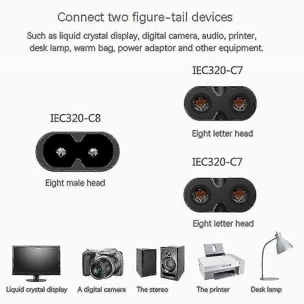 Iec320 C8 Til 2x C7 Y Split AC Strømkabel, Iec Figur 8 Hann Til 2 Hunn 1 Inn 2 Ut AC Strømkabel