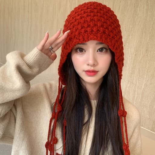 Åbenstrikket hue til kvinder, alsidig til udflugter, kvast og bindebånd, encore-stil, uldpullover-beanie red