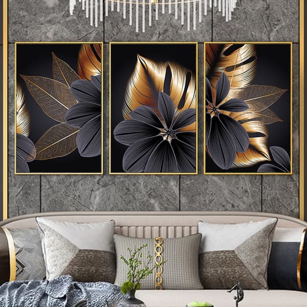 Väggdekor för vardagsrum och sovrum - Modern väggkonst, presentbilder, guld, grön, blommor, växter, ramfri, 40*60cm