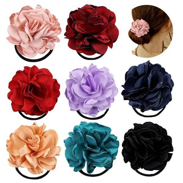 8 farverige håndlavede kamelia-hårbånd, elastiske bånd, udsøgte hårtilbehør, blomsterbånd-hårbånd.