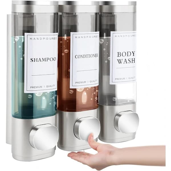 Vægmonteret sæbedispenser, tre-rums brusesæbedispenser, 300ml x 3, sølv