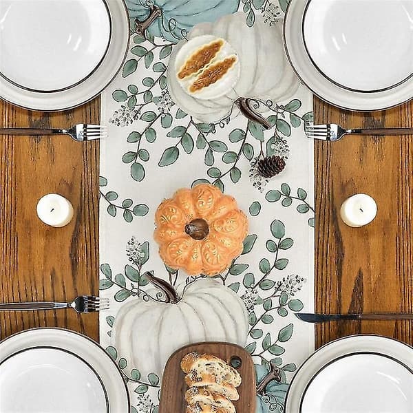 (NY) Efterårs eukalyptusblade græskar bordløber, efterår Thanksgiving køkken spisebord dekoration F