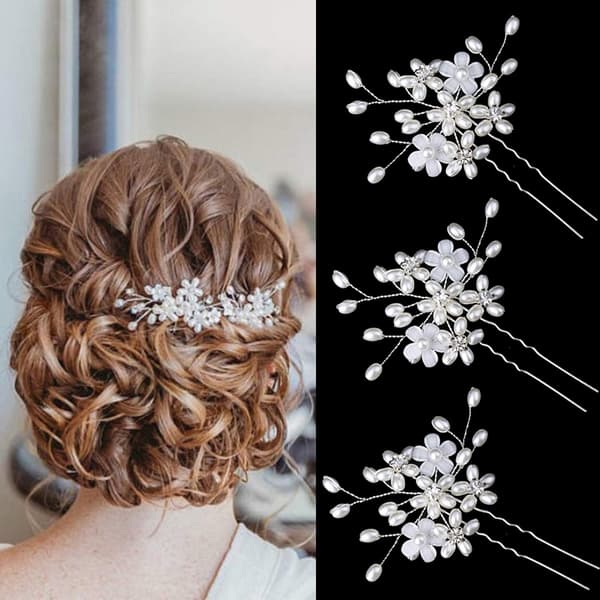 Hårnålar för bröllop (3 st) - Eleganta håraccessoarer med pärlor, blommor och kristaller för brudar (Silver)