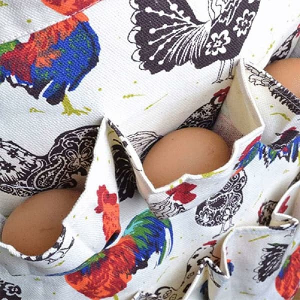 Ägginsamlingsförkläde, 12 fickor med hönstryck och canvasägg, hönställ