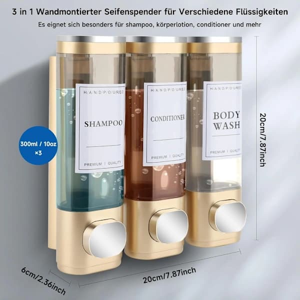 Vægmonteret sæbedispenser, tre-rums brusesæbedispenser, 300 ml x 3, guld
