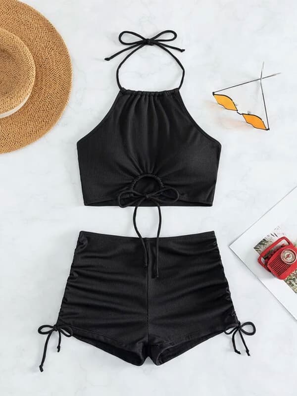 Høy midjet halter stropp todelt badedrakt for kvinner, sommer flat-front sporty strand bikini L