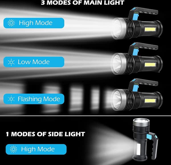 Oppladbar LED-lommelykt med sidelys, 4 moduser, søkelys