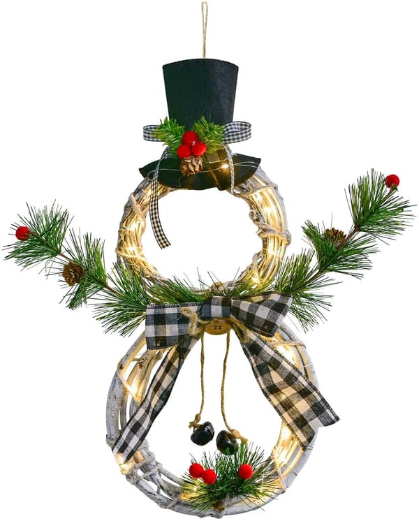 Julkrans i trä med LED-snögubbe, hatt och rosett