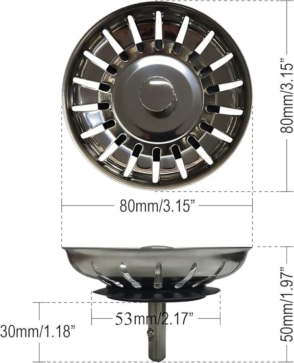 Diskho sil, kök rostfritt stål förtjockning sil avloppsplugg, dimensionerad för diskhoar 79-82mm (diameter: 80mm)
