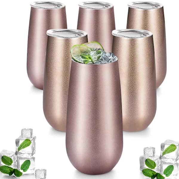 6-pak håndløse champagneglas, dobbeltvæggede isolerede mini-cocktailglas i rustfrit stål, rosaguld