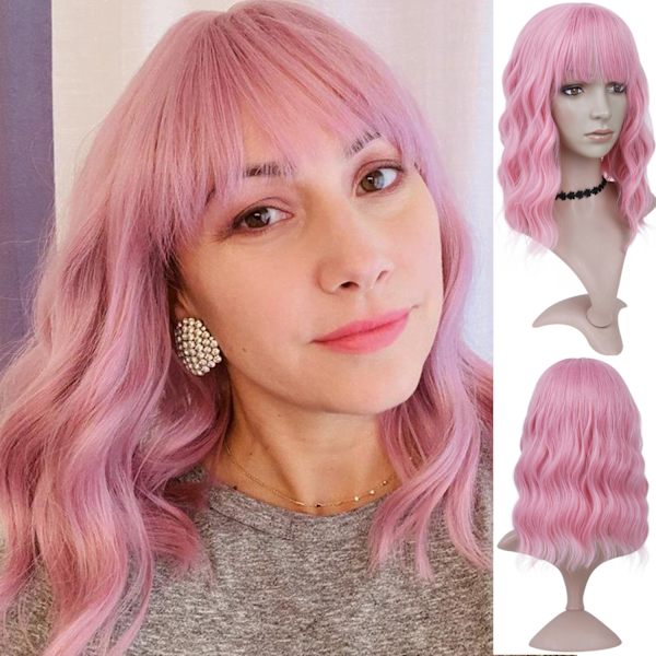 Lång lockig damperuk med rosa lugg