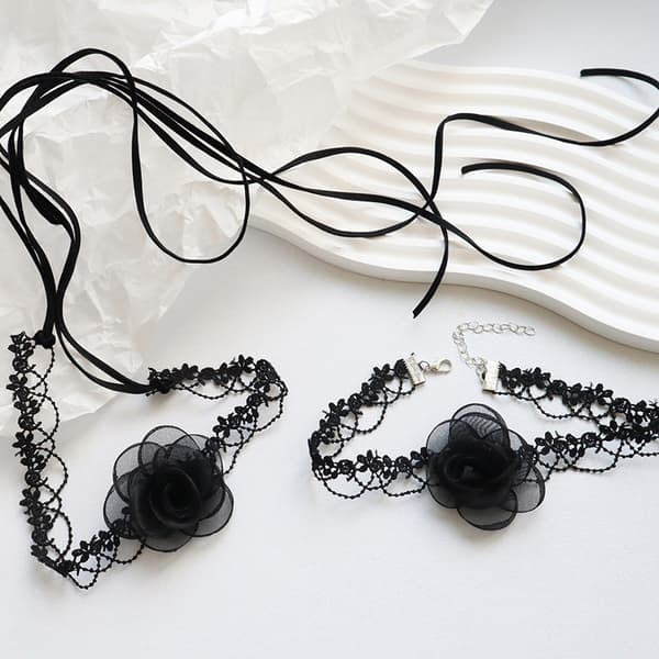 Fairy Style Temperament Black Camellia Choker Long Ribbon Vinta A2