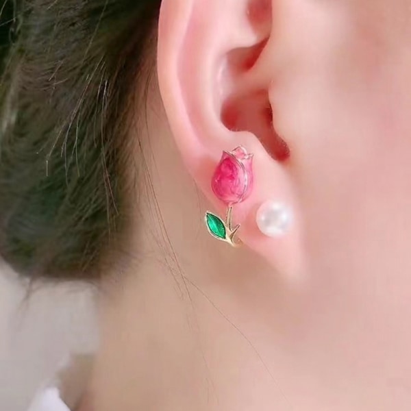 n Tulip Imitation Pearl Stud örhängen för kvinnor Två sätt att väva Rose red