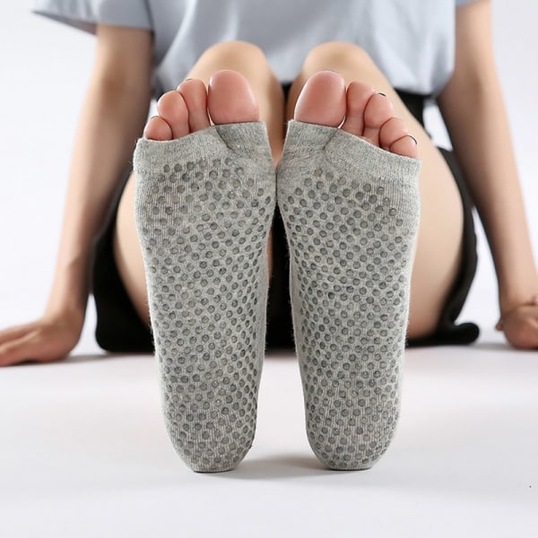 Kvinnor Två tå Yogastrumpor Halkfri Sport Bomulls Pilates Sock Qui Dark gray