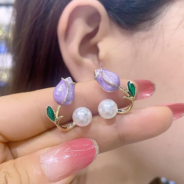 n Tulip Imitation Pearl Stud örhängen för kvinnor Två sätt att väva Gold