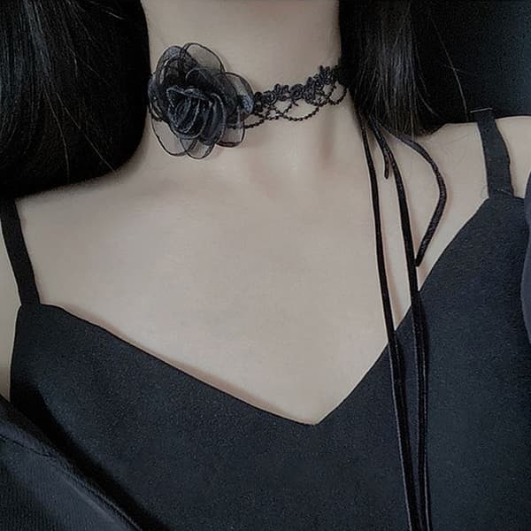 Fairy Style Temperament Black Camellia Choker Long Ribbon Vinta A2