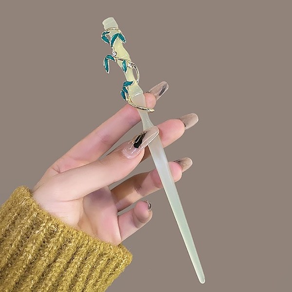 n Hanfu Bambu Kristall Hårnålar Löv Hår Stick Girl Huvudbonad Green